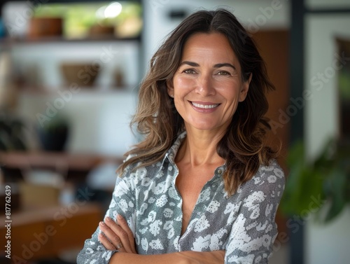 Portrait of a mid aged business woman corporate leader, smiling positive mature female executive manager standing in office arms crossed looking at camera.