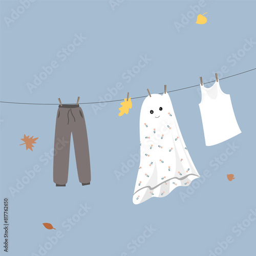 Ghost sheet and clothing drying on a rope cartoon. Vector isolated illustration.