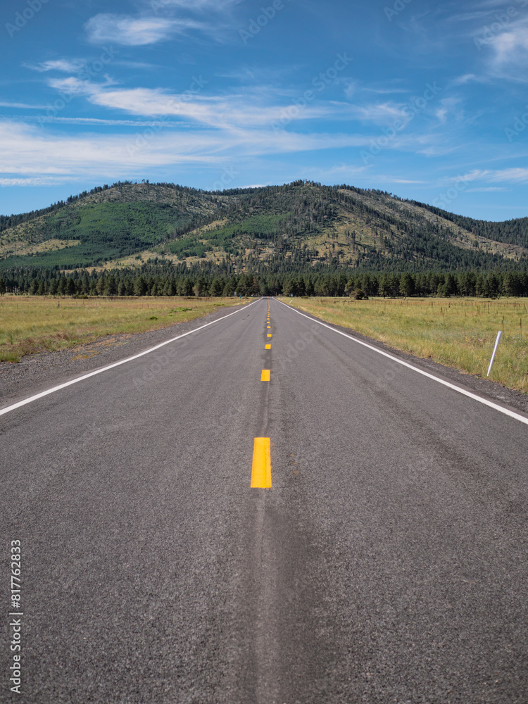 Scenic shot of a road leading up to a mountain range in a sunny and lush landscape. Scenic shot of a road leading up to a mountain range in a sunny and lush landscape.