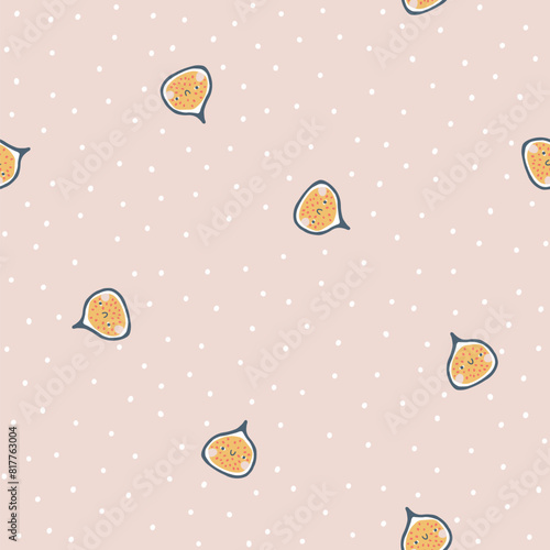 Fig character seamless pattern with smiley face fruit on a polka dot background. Hand-drawn cartoon doodle in simple naive style. Vector illustrations in a pastel palette for kids. © Світлана Харчук