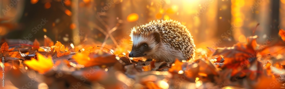 A hedgehog is sitting on a pile of leaves in the autumn. The leaves are orange and the sun is shining on the scene A hedgehog is sitting on a pile of leaves in the autumn. The leaves are orange and the sun is shining on the scene