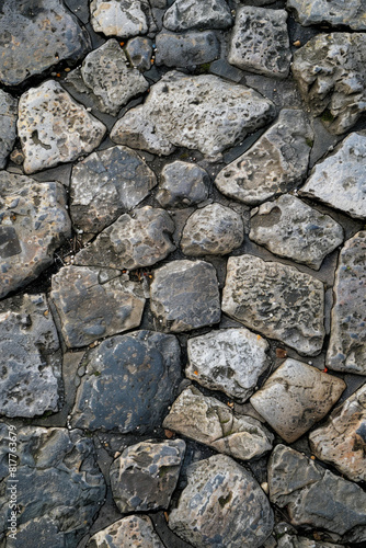 A top-down view of a cobblestone street, with the irregularly shaped stones creating a textured pattern.