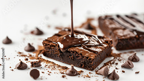 Pouring topping onto piece of tasty chocolate brownie