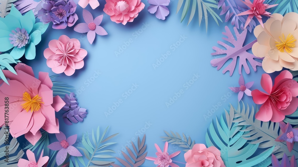 A playful paper cut flowers arrangement adorns the creative template of a festive greeting card, blank frame template sharpened with large copy space A playful paper cut flowers arrangement adorns the creative template of a festive greeting card, blank frame template sharpened with large copy space