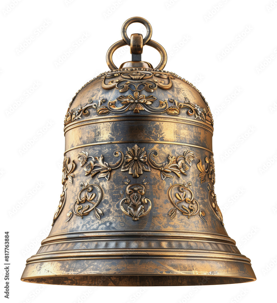 Antique brass bell with ornate decorations, cut out - stock png. Antique brass bell with ornate decorations, cut out - stock png.