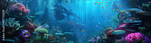 Illuminate a utopian underwater realm with a tilted angle view showcasing bio-luminescent coral reefs and futuristic aquatic architecture Implement innovative lighting techniques t