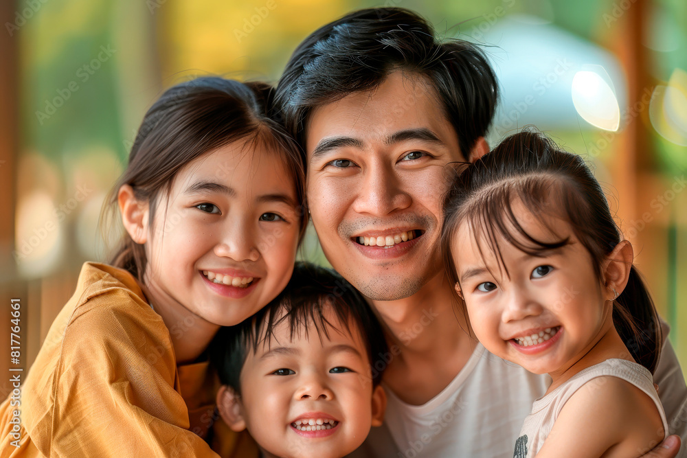 Asian Family , single father with three children looking at camara and smiling