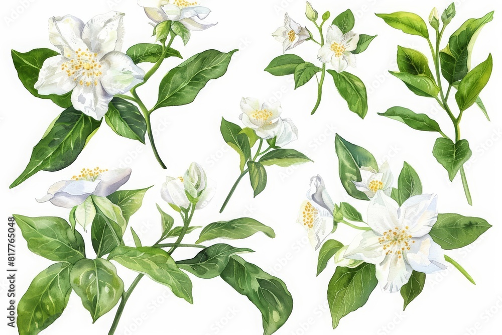 A set of watercolor of a mysterious nightblooming jasmine, releasing intoxicating scents under moonlight, Clipart isolated white background