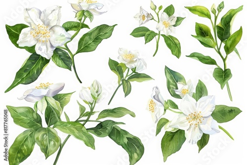 A set of watercolor of a mysterious nightblooming jasmine, releasing intoxicating scents under moonlight, Clipart isolated white background photo