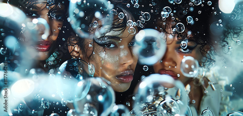 Imagine a striking composition where models sporting avant-garde fashion pieces are seen through the distorted lens of underwater bubbles Experiment with skewed angles and refracti photo