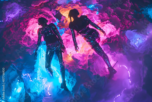 Craft a visually striking image of a Cyberpunk Fashion Show on Mars captured from above