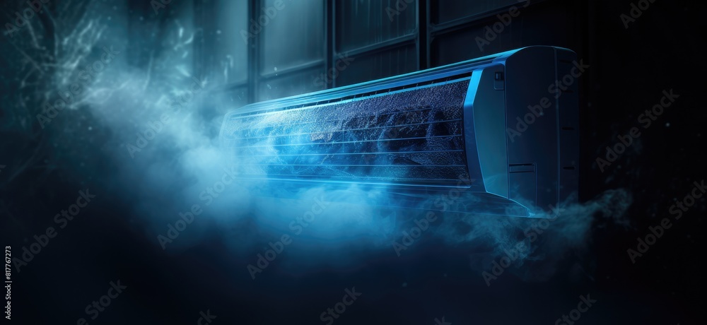 A blue air conditioner is blowing out steam. The steam is coming out of the vents A blue air conditioner is blowing out steam. The steam is coming out of the vents