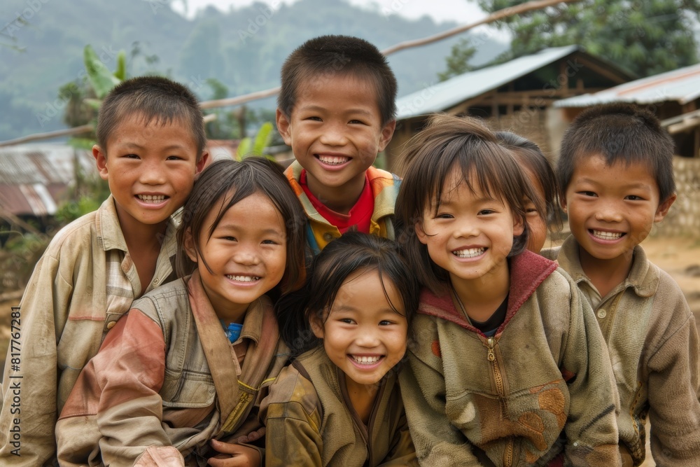 Group of asian children smiling and looking at camera in the countryside Group of asian children smiling and looking at camera in the countryside