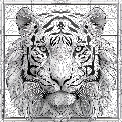black and white illustration of a tiger's head, coloring book for children