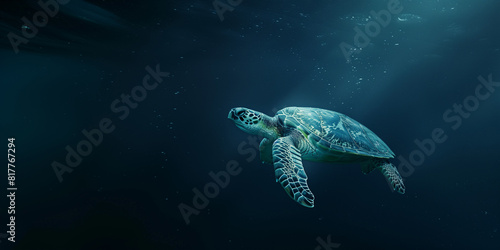 the green sea turtle swimming underwater, clear ocean water seabed, copy space for text