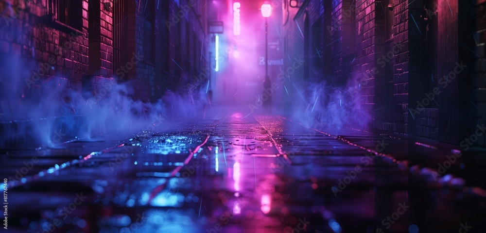 Fototapeta premium Abstract background, Dark street reflection on the wet pavement with rays neon light in the dark