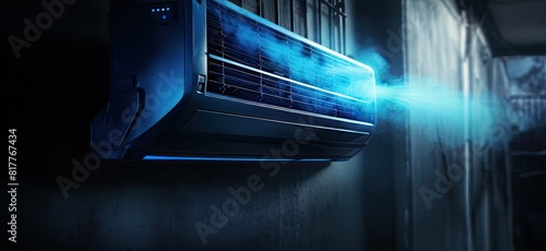 A blue air conditioner is blowing out steam. The steam is coming out of the vents
