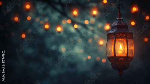 Wallpaper Mural Vintage Lantern with Lit Candle and Bokeh Lights at Night. Torontodigital.ca