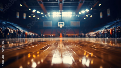 Empty Basketball Court Inside a Large Sport Arena with Wooden Floor and Audience Seating