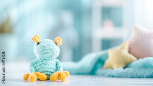 Handmade crochet frog toy on soft blue blanket, cozy children’s room decor. 