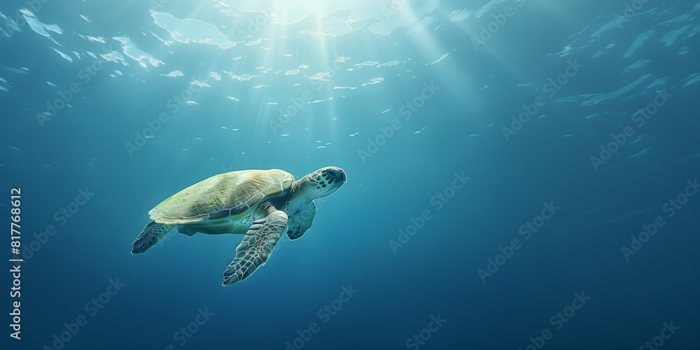 the green sea turtle swimming underwater, clear ocean water seabed, copy space for text the green sea turtle swimming underwater, clear ocean water seabed, copy space for text