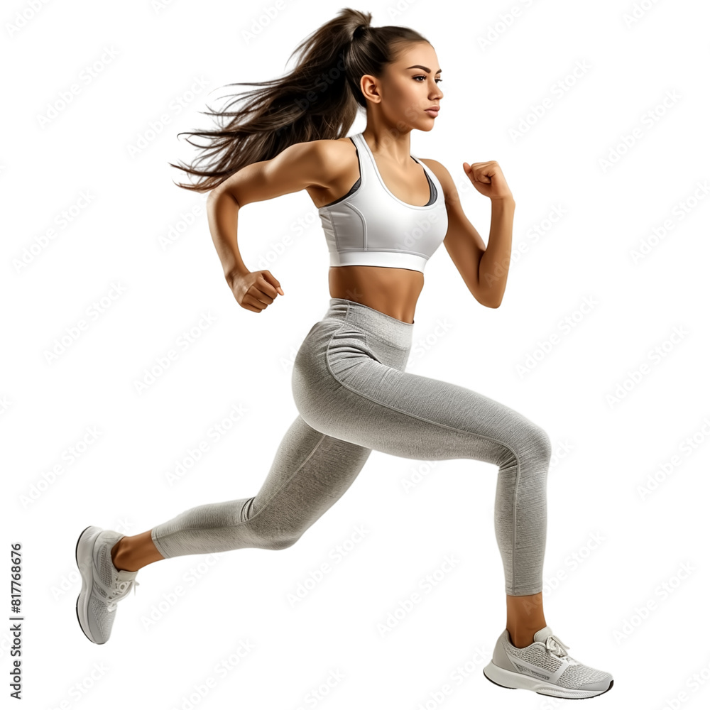 A female runner in white sportswear , sprinter running, isolate on transparent background A female runner in white sportswear , sprinter running, isolate on transparent background