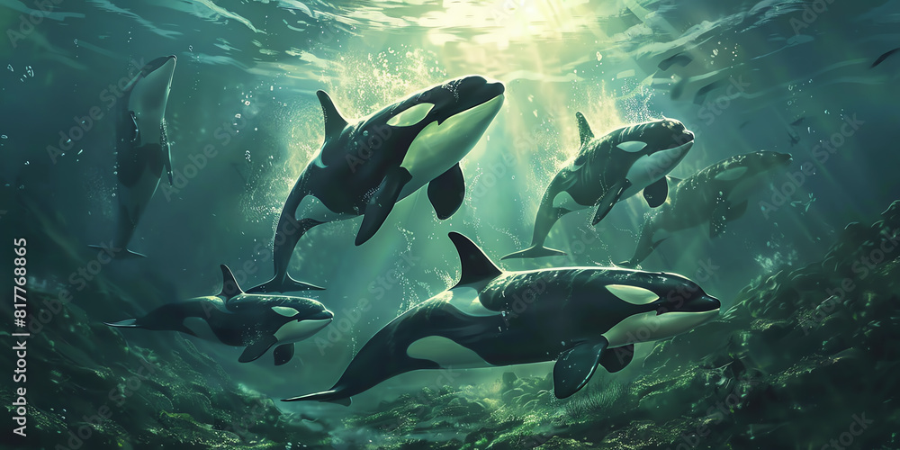 Visualize a pod of orcas swimming through an oil-contaminated ocean Visualize a pod of orcas swimming through an oil-contaminated ocean