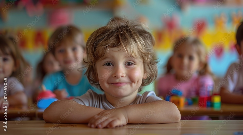 Young boy sitting at table in front of group of children Young boy sitting at table in front of group of children