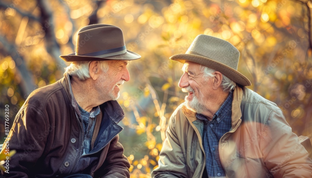 Fototapeta premium Two senior men in hats enjoying each other's company outdoors in nature, depicting friendship and leisure in later life