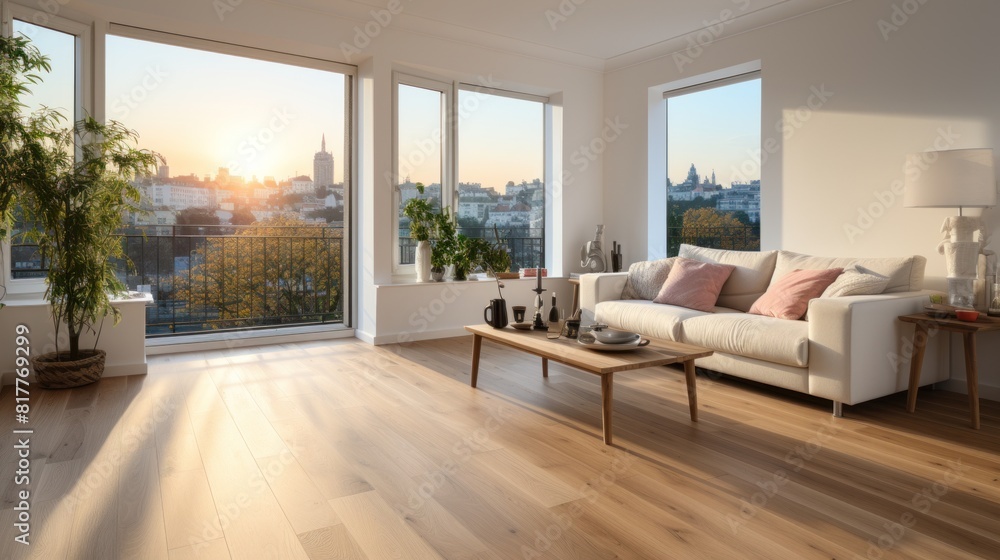 Obraz premium Modern Living Room with Hardwood Floor and City View in Natural Lighting