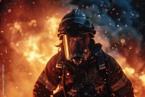 Firefighter battling fire with hose © Boomanoid