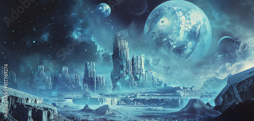 Design an otherworldly composition featuring scifi elements harmonizing with ancient ruins