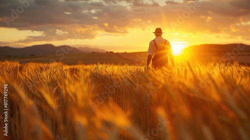 Man walking through wheat field at sunset