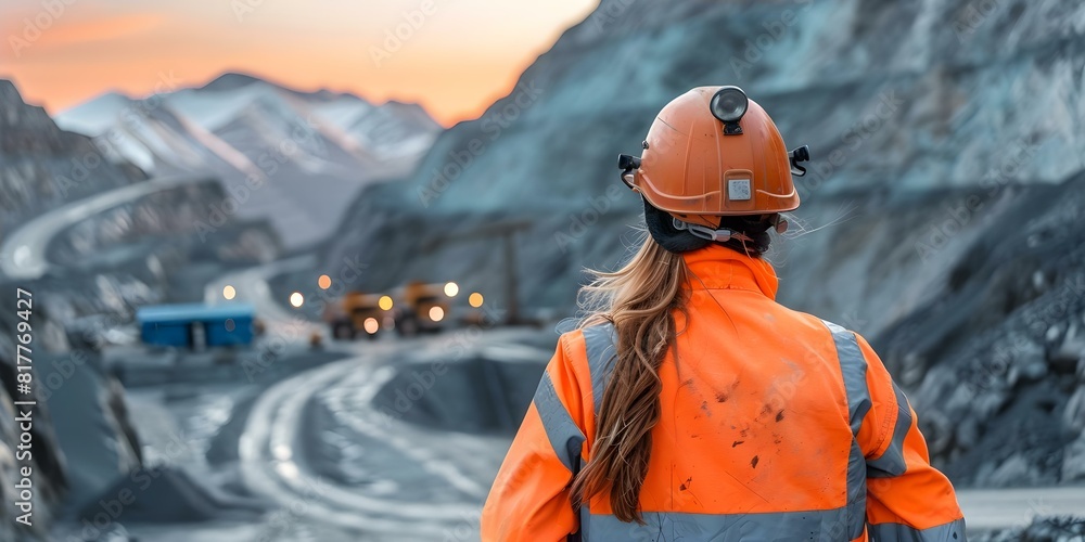 Supervisor in high-visibility gear monitoring mining operation at dusk from a distance. Concept Mining Supervision, High-Visibility Gear, Dusk Monitoring, Outdoor Operations, Safety Measures Supervisor in high-visibility gear monitoring mining operation at dusk from a distance. Concept Mining Supervision, High-Visibility Gear, Dusk Monitoring, Outdoor Operations, Safety Measures