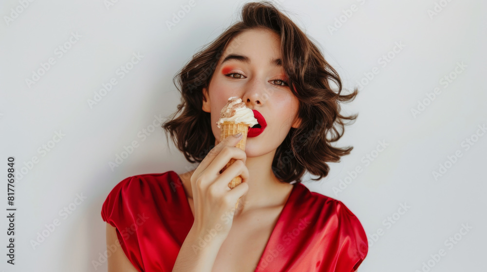 Laughing brunette woman with ice cream cone in hand, pin-up fashion style. red satin dress, brunette hair, wide eyed and happy. eating ice cream sundae. isolated white background. Joy. Happiness. Laughing brunette woman with ice cream cone in hand, pin-up fashion style. red satin dress, brunette hair, wide eyed and happy. eating ice cream sundae. isolated white background. Joy. Happiness.