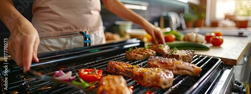 a woman takes steaks out of the oven. selective focus photo