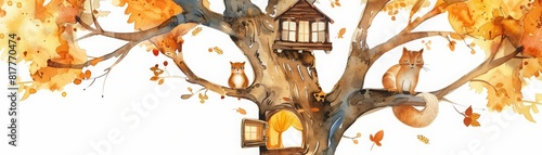 A watercolor of a cozy squirrel family inside an autumnhued oak tree with windows and doors, Clipart isolated on white photo