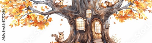 A watercolor of a cozy squirrel family inside an autumnhued oak tree with windows and doors, Clipart isolated on white photo