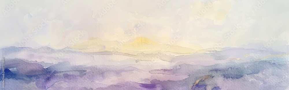 A painting of a mountain range with a sun in the sky. The sky is a light blue color with some clouds. The mountains are purple and the sun is yellow. The painting has a peaceful and serene mood