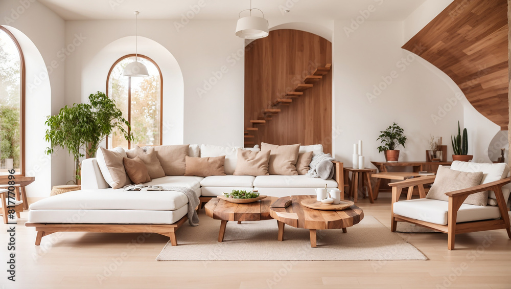 This is a living room with a curved wooden shelf on the wall, a white This is a living room with a curved wooden shelf on the wall, a white
