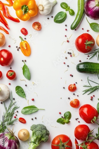 vegetables on white background top view place for text