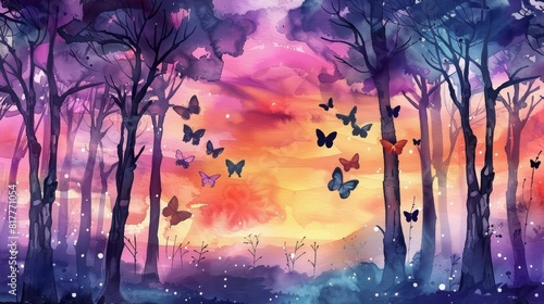 A watercolor of a surreal forest with trees that have butterflyshaped leaves  where the wildlife frolics under a purple sky  Clipart isolated on white
