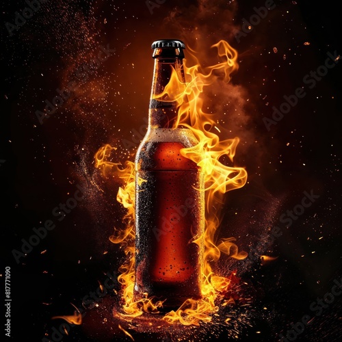 Beer bottle surrounded by flames and sparks