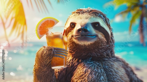 sloth with a cocktail on the beach.