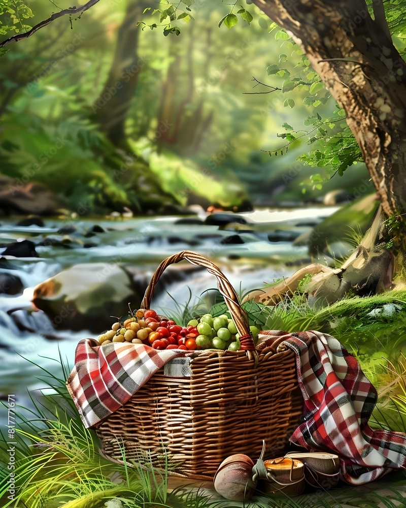 Enjoy a rustic meal by the babbling brook with a charming picnic basket Enjoy a rustic meal by the babbling brook with a charming picnic basket