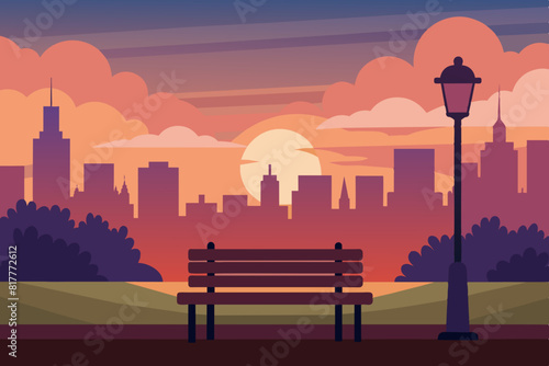  A peaceful scene of a city park at sunset, with a wooden bench facing a street lamp and the skyline landscape vector illustration 