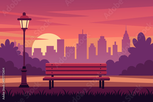  A peaceful scene of a city park at sunset, with a wooden bench facing a street lamp and the skyline landscape vector illustration 