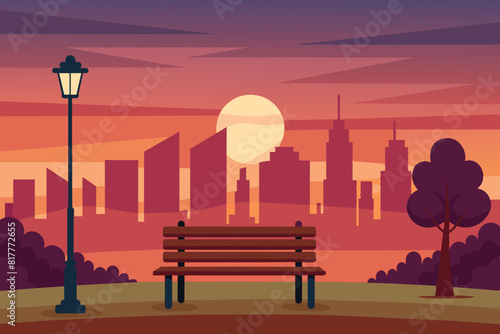  A peaceful scene of a city park at sunset, with a wooden bench facing a street lamp and the skyline landscape vector illustration 
