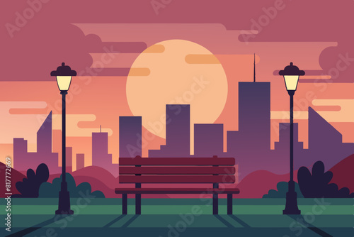  A peaceful scene of a city park at sunset, with a wooden bench facing a street lamp and the skyline landscape vector illustration 