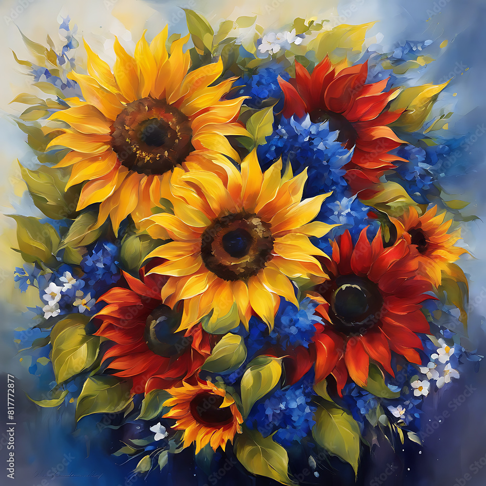 USA Patriotic illustration with American symbols. Image with sunflowers bouquet and national flag for the Fourth of July holiday USA Patriotic illustration with American symbols. Image with sunflowers bouquet and national flag for the Fourth of July holiday